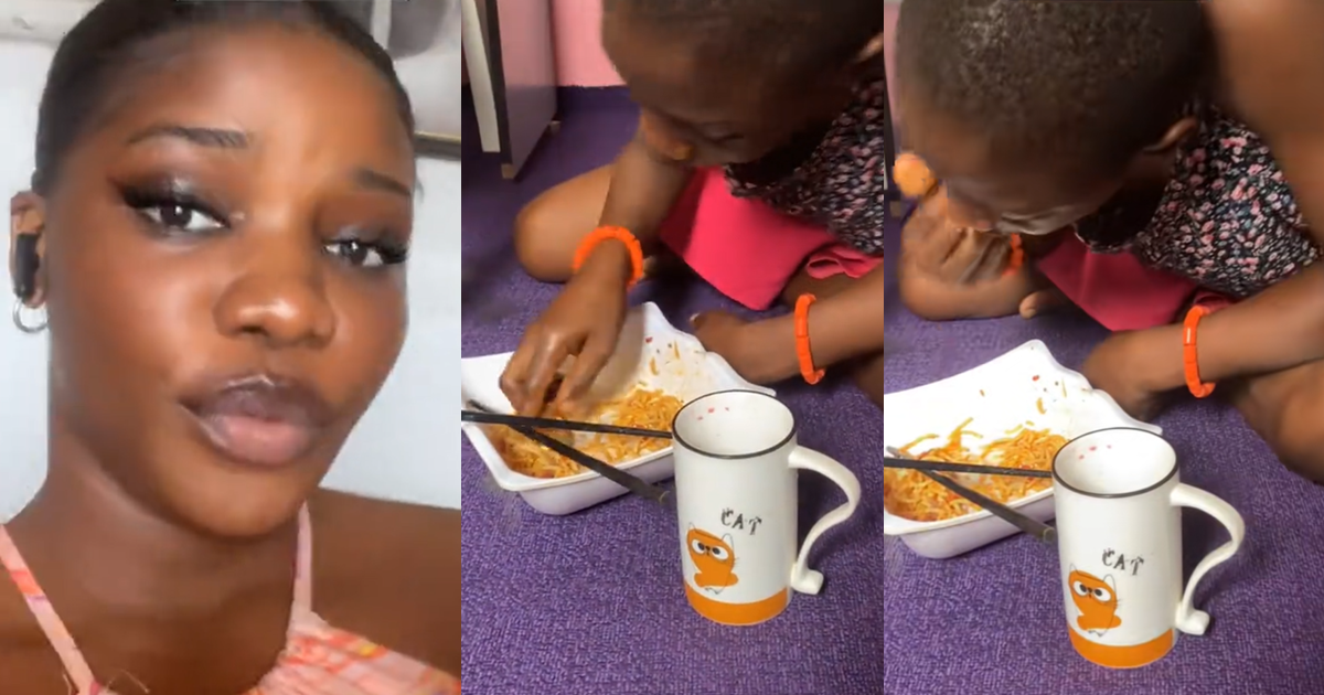 Lady stúnned after her niece d!tch chopsticks, uses her hands to eat spaghetti (VIDEO)
