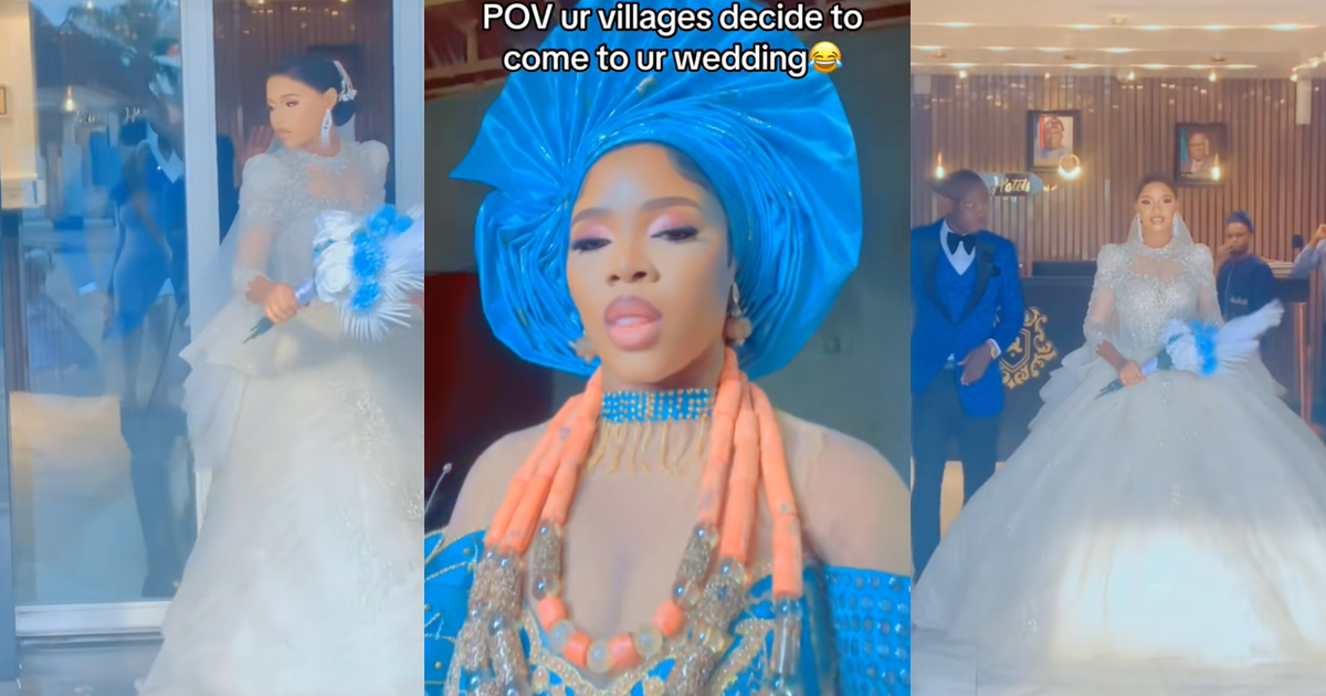 Bride calls out her ‘village people’ after an automatic sliding door almost r!pped her wedding dress (WATCH)