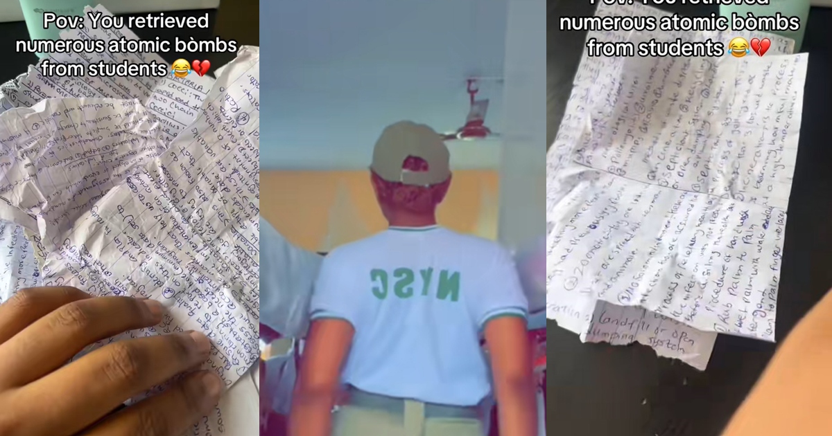 NYSC corp member shares the numerous ‘chǝat sheet’ she retrieved from students during an exam (VIDEO)